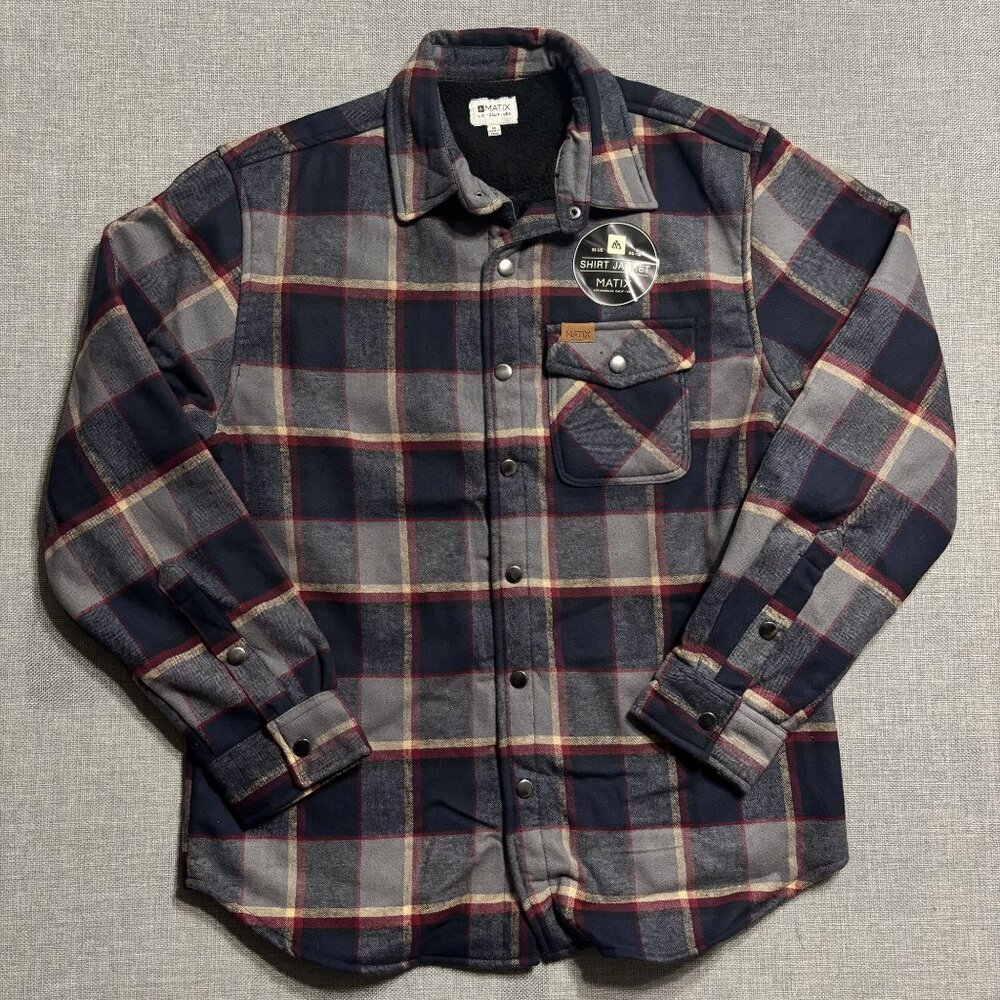 Matix Mens Plaid Shirt Jacket  Black Gray & Red Cotton Polyester Blend.
